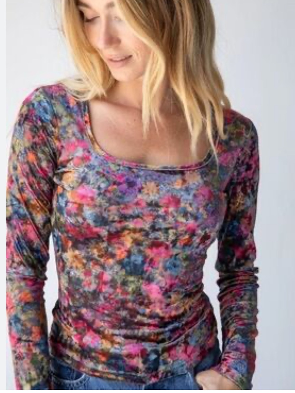 Natural Life Danielle Square Neck Velvet Top Dark Garden Floral Stretchy NWOT